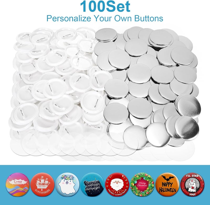 KUNTAERY 100 Sets 3 Inch Button Maker Supplies, 75mm Round Badge Parts with Metal Covers, Plastic Pin Backs, Clear Film & Blank Paper, Perfect for Button Maker Machine & Badge Press - Image 3